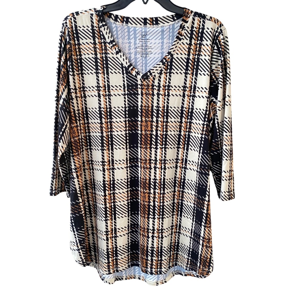 Lildy Women‎ Tunic Top L-XL Plaid Black Cream Pullover Casual Loose Fit Comfort